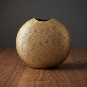 Nouveau vase de table moderne, fait main, avec texture côtelée, finition dorée, 12,5 pouces de hauteur, 8 pouces de largeur, pièce d'art décorative - Product Image 5