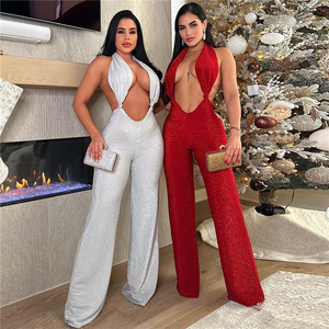 Mono recto de cintura alta de Color sólido con cuello Halter recortado Sexy para mujer de primavera 2024 - Product Image 2