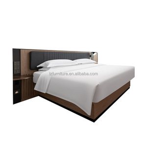 Low Cost 3 Star Hotel Bedroom Set Wood <b>Frame</b> <b>Platform</b> <b>Beds</b> with Extended Back Panel and Bedside Tables for Budget Hotel Project - Product Image 2