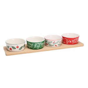 SET DE APERITIVOS NAVIDEÑO 4 TAZONES DE CERÁMICA + 1 BANDEJA DE MADERA - Product Image 1