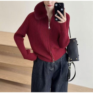 Cardigã Feminino de Lã com Gola e Zíper Duplo Estilo Coreano Casual, Curto, de Tricô, Macio e Quente, de Alta Qualidade para Outono e Inverno - Product Image 6
