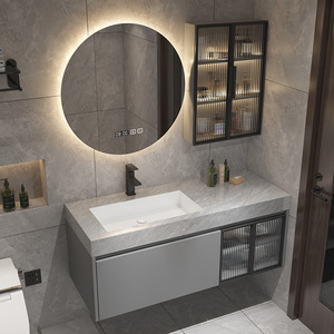 Nouvelle armoire de rangement intelligente avec miroir gris moderne, meuble de salle de bain mural avec miroir LED intelligent et plateau en pierre - Product Image 4