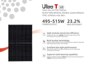 แผงโซลาร์เซลล์โปร่งแสงสีดำ Suntech 500W 54 เซลล์ ชนิด N-Type TOPCon แบบฮาล์ฟเซลล์ ประสิทธิภาพ 22.6% - Product Image 2