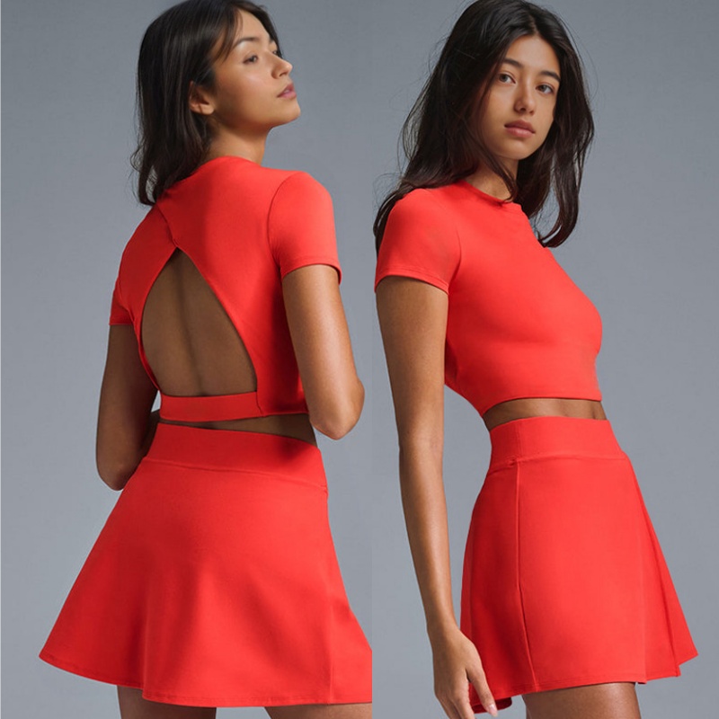 Aoyema Open Back Tops Crop Soft Breathable Sexy Short Sleeve New Design Quick Dry Yoga Fitness Wear Tennis Top Skirts Sets