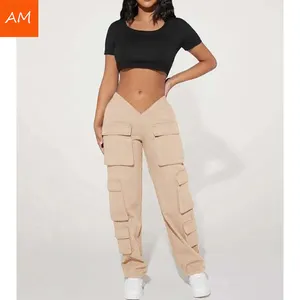 Recién llegado, pantalones cargo con múltiples bolsillos y corte en V, pantalones cargo ajustados para mujer, pantalones de paracaídas para mujer