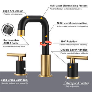 Modern Şık Geniş Başlıklı Lavabo Bataryası, Tahliye ve Besleme Hortumlu, 2 Kollu <span class=keywords><strong>3</strong></span> Delikli Fırçalanmış Altın Kaplama Lüks Batarya - Product Image 3