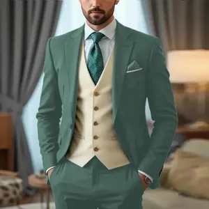 Dernières tendances en matière de costumes pour hommes, costumes 3 pièces, formels, coupe ajustée, mariage, décontractés, costumes de marié, <span class=keywords><strong>style</strong></span> classique, veste, pantalon, gilet beige - Product Image 1