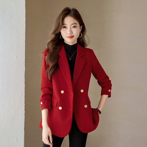 Women's Woolen Blazer Red Double Breasted Solid Color Casual Office Wear - Product Image 3