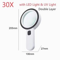 Handheld 30X LED Illuminated Magnifying Glass with 2 LED Lights Plastic Lens 30mm Diameter for Seniors Reading and Soldering