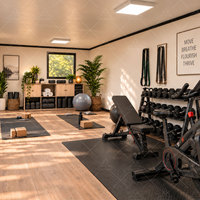 Pod de gym à domicile pour l'extérieur, studio d'entraînement privé avec intérieur ouvert, revêtement de sol durable et confort toute l'année