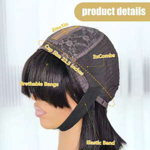 Promotion 35$ Perruques en cheveux vietnamiens SDD, lisses comme de la soie, avec dentelle et frange, 10 pouces # 4, # Cheveux humains vierges bruts noirs 99J - Product Image 4