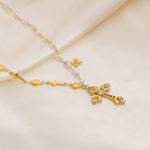 Fashion Layered Necklace 18K Gold Plated Imitation Pearl Heart <b>Cross</b> Pendant U Shape Clavicle <b>Chain</b> Multi Layer Jewelry - Product Image 4