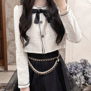 Conjunto de punto de alta calidad para mujer, cárdigan de manga larga a la moda con lazo, Vestido corto acampanado, conjunto de punto elegante de dos piezas para mujer - Product Image 3