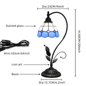 Tiffany tafellamp blauw mediterrane stijl glas-in-lood lamp metalen bladvoet vintage nachtkast leeslamp bureaulamp voor huis en kantoor - Product Image 6