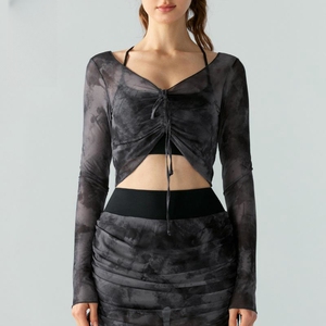 Nouveau à la mode femmes Gym Fitness <span class=keywords><strong>Crop</strong></span> hauts à manches longues impression maille Yoga hauts en plein air décontracté chaîne couvrir vêtements de sport - Product Image 6