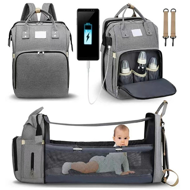 Mummy Bag Hot Selling High Capacity Solid Mummy Bag Baby Diaper Bed Backpack Portable Folding Crib with USB Charging