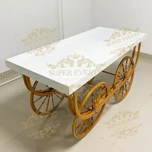 Custom Event Party Supplies Candy Cart White Wooden Candy Dessert Trolley Carts Candy Bar Cart With Gold Wheels For Wedding