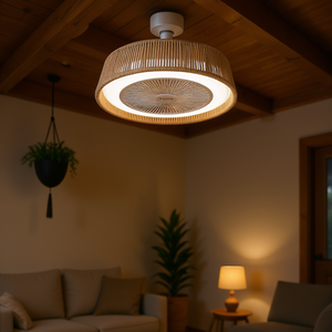 Ventilateur de plafond LED moderne rustique de 21 pouces, éclairage d'ambiance RVB, design en corde tressée, silencieux, moteur CC réversible à 6 vitesses, montage semi-encastré - Product Image 2