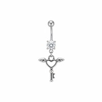 Piercing de nombril en acier inoxydable 316L argenté 14G, barbell incurvé, avec breloque clé ailée vintage, hypoallergénique
