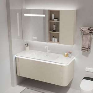 Mobile Bagno Moderno Personalizzato Bianco Crema da Parete con Specchio LED Intelligente e Lavabo Integrato - Product Image 2