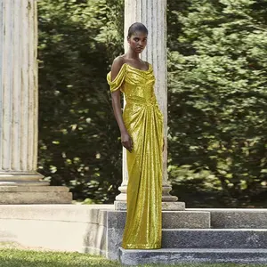 ED2294 Luxury Gold Clothing Women Slash Neck With Ruffles Sleeveless Sequin Dress Evening Vestido De Quinceaera