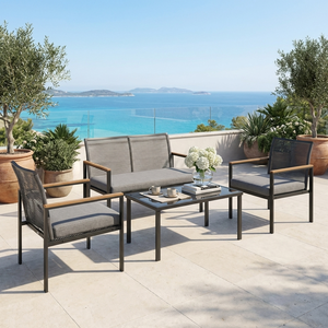 Ensemble de canapés d'extérieur moderne 4 pièces confortable en rotin noir creux avec structure en acier, mobilier de <span class=keywords><strong>jardin</strong></span>, accoudoirs aspect bois, pour cour et hôtel - Product Image 4