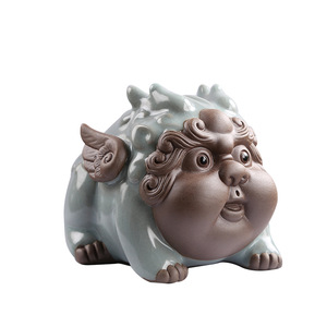 Figurine Pixiu en céramique Ge Kiln, 2 pièces, décoration de table faite à la main pour salon, bureau, maison, cadeau attirant la richesse - Product Image 5