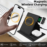 Chargeur sans fil magnétique 3-en-1 en cuir PU 15W avec support pliable portable pour Apple Watch et support pour écouteurs