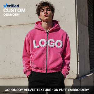 Sudadera con capucha corta personalizada de pana rosa de 400GSM, con lavado pigmentado y efecto desgastado por el <span class=keywords><strong>sol</strong></span>, bordado 3D <span class=keywords><strong>en</strong></span> relieve, con cremallera completa, para hombre, estilo urbano Y2K casual - Product Image 1