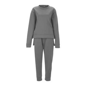 Ensemble de survêtement en tricot gris pour femmes, 2 pièces, sweat-shirt et pantalon de jogging, col rond, coupe ample, couleur unie, décontracté, à porter toute l'année - Product Image 2