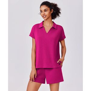 Women's 2 Piece Summer Lounge Set Short Sleeve V-neck <b>Top</b> Drawstring Shorts Casual Outfit Breathable Knitted Fabric - Product Image 3