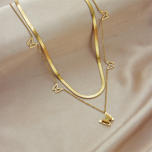 European American Style Double Layer Butterfly Clavicle <b>Chain</b> Gold <b>Titanium</b> Steel Necklace Gift - Product Image 2