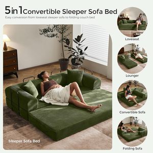 Canapé-lit convertible trois places avec structure fixe, accoudoirs amovibles, matelas pliant modulaire en velours côtelé pour petits espaces - Product Image 6
