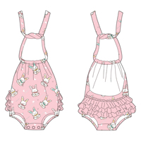 Jumpsuit anak perempuan desain ruffle tanpa lengan, bahan bambu, kualitas tinggi, custom print, model leher terbuka, cocok untuk musim panas.