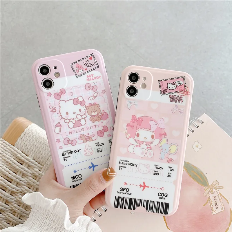Hot Sale Cartoon Kitty Air Ticket Design Phone Case for iPhone 13 Cute Girls Pink Soft Cover for iPhone 12/11/7/8/X/XR/XS/MAX