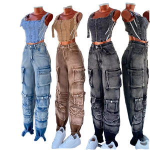 Nouveau Jean Cargo Femme 2025 Taille Haute Ample Vintage Respirant Été Multi-Poches Effet Délavé Denim Streetwear Quotidien - Product Image 1