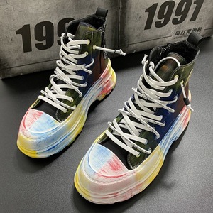 Men's New Trend High-Top Thick-Soled Microfiber Leather Ankle Boots Zipper-Up Lace-Up Heightening Casual <b>Shoes</b> - Product Image 1