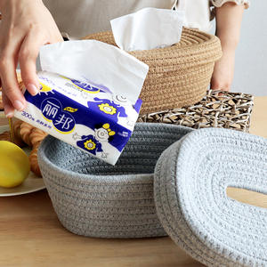 Cesta de almacenamiento de cuerda de algodón de estilo japonés simple, caja de pañuelos ovalada multiusos, cubierta superior e inferior tejida ecológica - Product Image 4