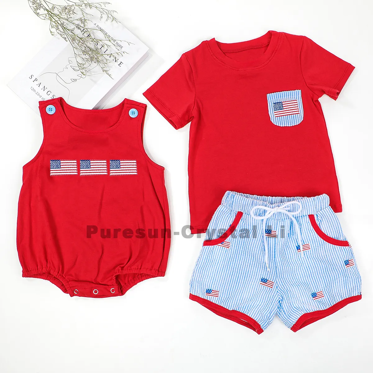 Conjunto Formal Personalizado para Niños, Ropa de Verano con Bordado de Bandera Americana, Tela para el 4 de Julio