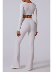 CY002 Pantalones Acampanados de Cintura Alta para <span class=keywords><strong>Mujer</strong></span>, Top Deportivo de Cuello Cuadrado, Conjunto de Yoga Sexy de Manga Larga - Product Image 5