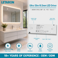 LETARON OEM ODM Kelas2 Tegangan Konstan Bersertifikasi UL Ultra Tipis 16.5mm Driver LED Berkabel untuk Pencahayaan Cermin Kamar Mandi Solusi Lengkap