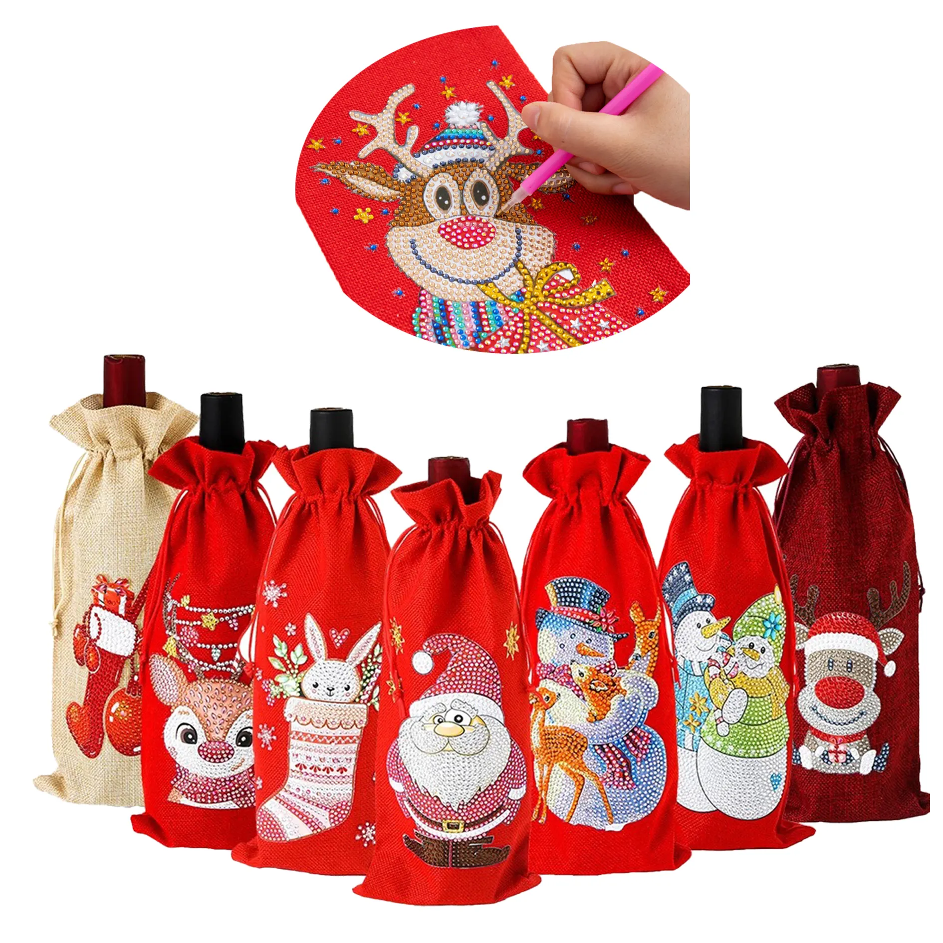 LS New Year cartoon gift bag DIY diamond painting red wine Santa Claus decoration candy bag Christmas tree el