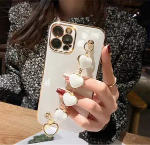 MAXUN Casing Ponsel Lapis Emas 6D Mewah dengan Rantai Gelang untuk iPhone 14 13 12 11 Plus Pro Max Casing Ponsel Penutup Belakang