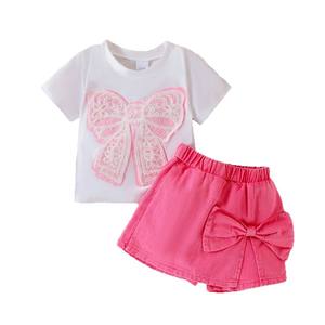 ชุดเด็กผู้หญิงน่ารักสไตล์ยุโรปอเมริกาเสื้อแขนสั้นโบว์เสื้อยืดกระโปรงกางเกง - Product Image 5