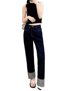 <span class=keywords><strong>Jeans</strong></span> de Mezclilla Rectos con Dobladillo Oscuro para Mujer, Pantalones Largos Clásicos Retro - Product Image 4