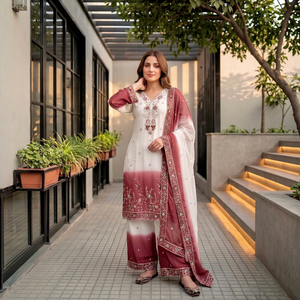Costume beige en viscose lourde GEORGETTE, style afghan, broderie, bordure en dentelle, vêtements traditionnels indiens pakistanais pour femmes, tenue décontractée pour les fêtes - Product Image 1