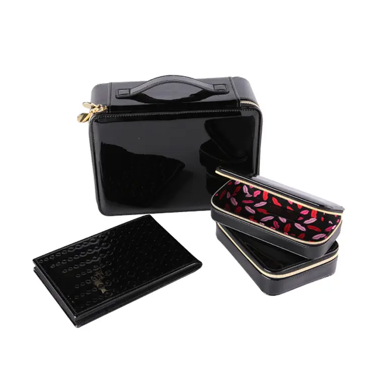 Travel cosmetic set organizer black pu leather makeup box vanity case with mirror