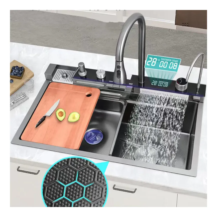 OEM LED Digital Handmade Black White SUS 304 Stainless Steel Waterfall Smart Multi function Kitchen Sink with pulling tap