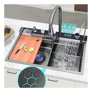 Pia de cozinha multifuncional inteligente cascata de aço inoxidável SUS 304 LED digital feito à mão preto branco OEM com torneira de puxar