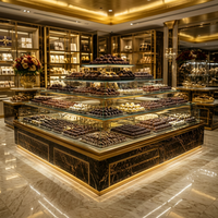 Luxuriöse Glas-Schokoladen-Vitrine mit LED-Beleuchtung und Goldverzierung, Bäckerei-Showcase für Einzelhandel und Süßwarengeschäfte